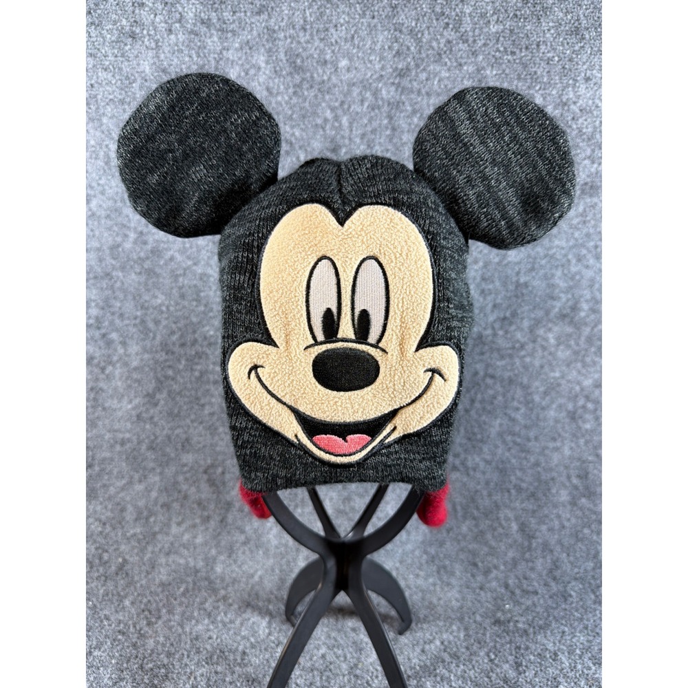 Disney Mickey Mouse Toddler Earflap Beanie Hat Gray Red 3D Ears Size 2T-5T